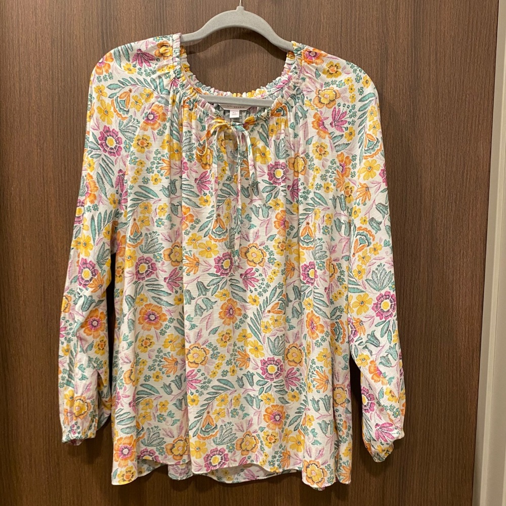 LC Lauren Conrad Bundle Size XL Floral Plaid Blouse Tops Ruffle Popover Feminine - Picture 10 of 15